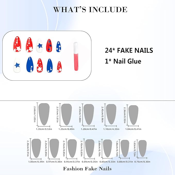 IMRAIN Independence Day Press on Nails Medium Almond Fake Nails Red Blue Star False Nails Full Cover Sparkly Glue on Nails Glossy Glitter Stick on Acrylic Nails for Coquette Women Girls