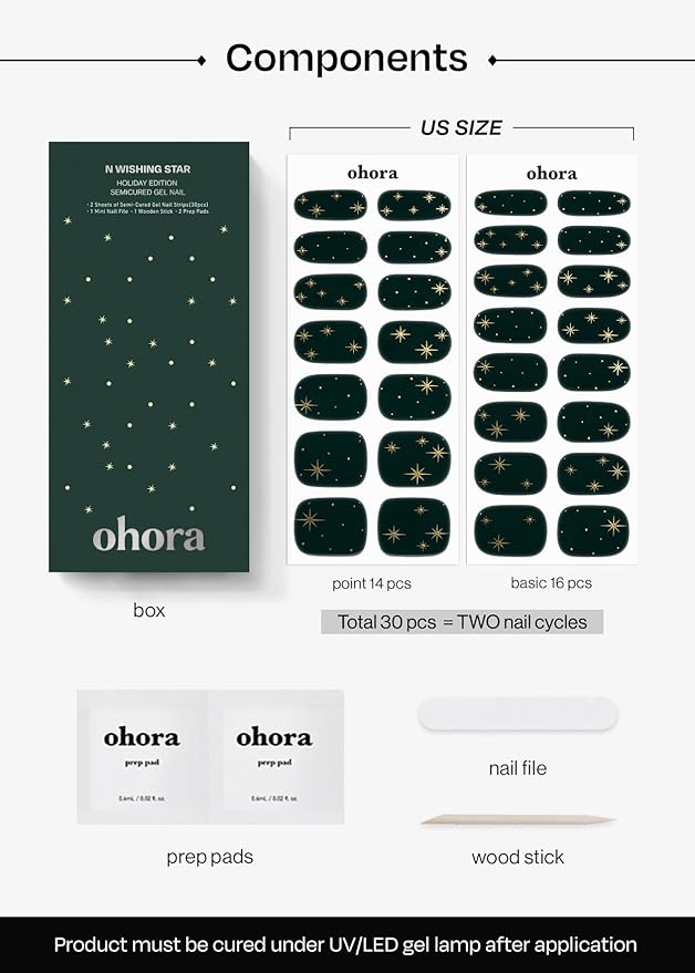 ohora Semi Cured Gel Nail Strips (N Wishing Star) - Works with Any Lamps, Salon-Quality, Long Lasting, Easy to Apply & Remove - Includes 2 Prep Pads, Nail File & Wooden Stick