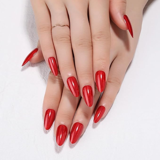 24Pcs Red Holographic Acrylic Press on Nails Short Almond - Reusable Fake Nails with Nail Glue Kit, Long Lasting Chameleon Static Nails for Women Daily Wear & Parties (Glossy Laser Design)