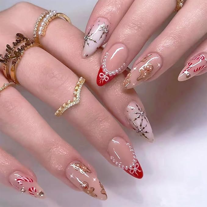 Christmas Press on Nails Medium Almond French Tip Fake Nails Xmas Gingerbread Man Holly Snowflake False Nail Glossy Pink Glue on Nails with Pearl Designs Christmas Acrylic Nail for Women 24 Pcs