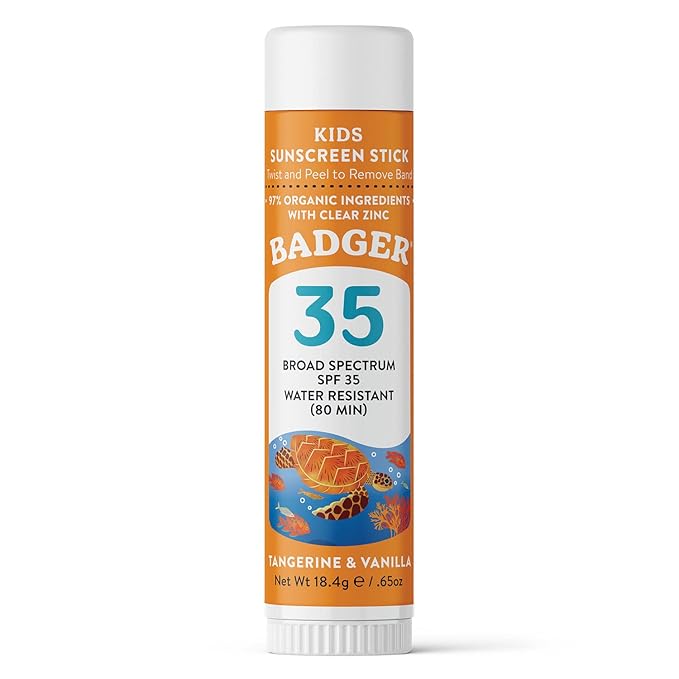 Badger Mineral Kids Sunscreen Face Stick SPF 35, Zinc Oxide Travel Size Sunscreen Stick for Kids, 97% Organic Ingredients, Reef Safe, Water Resistant, .65 oz