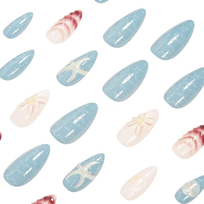 24Pcs Shell Press on Nails Medium Almond Fake Nails with 3D Starfish Flower Pearl Design Blue Gradient Full Cover Acrylic Nails False Nails Summer Beach Vacation Glue on Nails for Women Decor