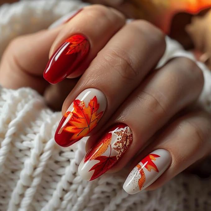 Maple Leaf Press on Nails Medium Almond Fake Nails Fall Nails Press ons Flaming Leaves Design Thanksgiving Acrylic Nail Autumn Glue on Nail Glossy Full Cover False Nail for Women DIY 24Pcs