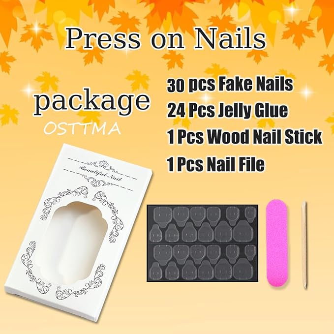30Pcs Cute Fall Press on Nails Almond Medium Fake Nails Autumn Cute Pumpkins Stripe Maple Leaves Acrylic Nail Starfish Pearl Nail Charms Reusable French Tips Glue Stick On Nails for Women Manicure