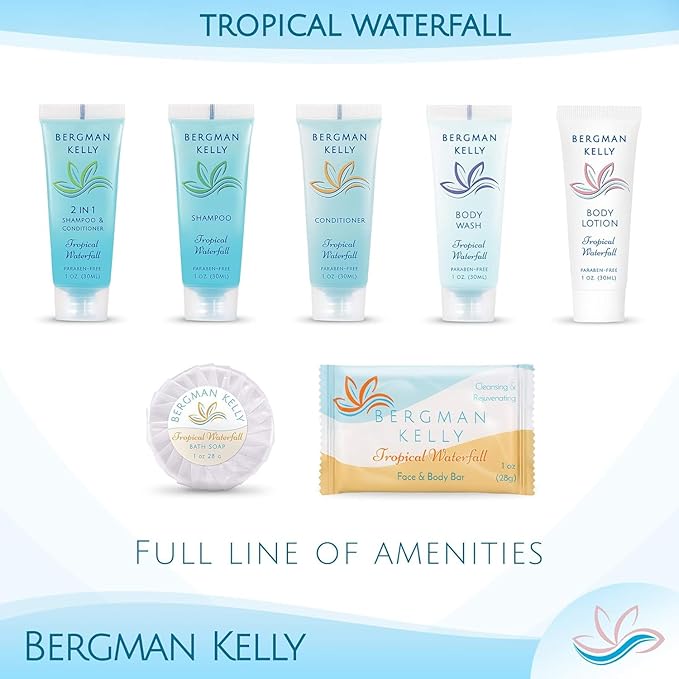 Bergman Kelly - Hotel Toiletries Bundle - Tropical Waterfall, 1 oz each, 18800 pcs - 4-Piece Set: Rectangular Bar Soap, Shampoo, Conditioner & Body Lotion (4700 each) - Bulk Mini Guest Amenities