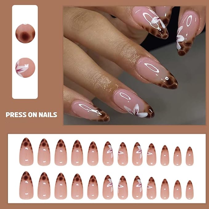 Hkanlre Leopard Print Medium Press on Nails Nude Fake French Nails Tips Full Cover Almond False Nails for Women 24PCS