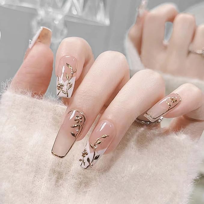 Hkanlre Nude Press on Nails French Nude Long Leaf Fake Nails Tips Full Cover Coffin False Nails for Women and Girls 24PCS