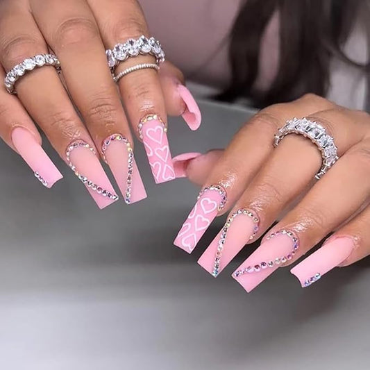 Square Press on Nails Long Coffin French Press on False Nails with Designs Nude Pink Rhinestones Acrylic Nails Press on Stick On Nails for Women Girls