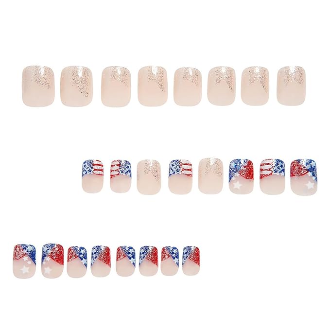 24Pcs French Tip Press on Nails Short Square Fake Nails Independence Day False Nails Red Blue French Tip Artificial Nails Glitter Full Cover Glue on Nails Silver Glitter Stick on Nails for Women DIY