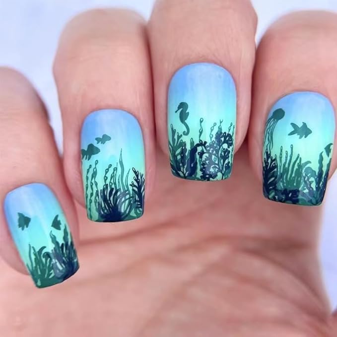 Summer Press On Nails Medium Square Fake Nails Sea Grass With Fish Sea Horse Design Ombre False Nails Acrylic Artificial Nails Blue Glue On Nails Full Cover Stick On Nails For Women Manicure 24pcs