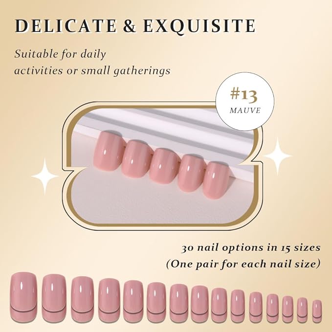 evpct Mauve Short Squoval Glossy Press on Nails for Women Gift, Glossy Mauve Fake Nail with Nail Glue Manicure Kit, Soft Gel Full Cover Reusable Stick on Glue on Acrylic False Nails Perfectly Fit