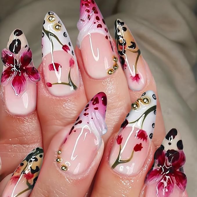 Long Press on Nails Almond False Nails Nude Fake Nail Pink Stick on Nail with Red 3D Flower Leopard Print Glamorous Manicure for Women 24pcs