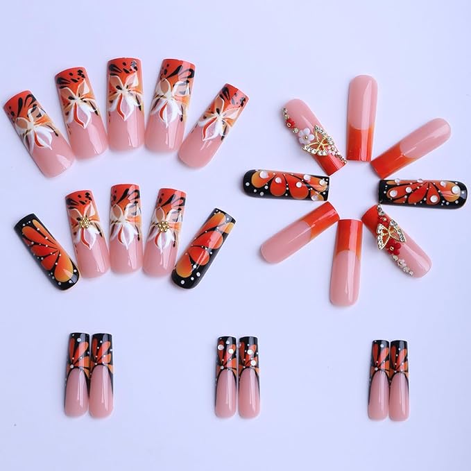 3D Butterfly Press on Nails Long Square Fake Nails Orange French Tip False Nails Flower Drip Rhinestone Design Full Cover Glossy Glue on Nails for Women 24PCS