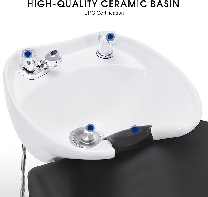 BarberPub Backwash Shampoo Station Chair, Adjustable Porcelain Ceramic Hair Wash Bowl with Chair, Shampoo Station for Barber Shop, Spa Beauty Salon Equipment 9364 (Black)