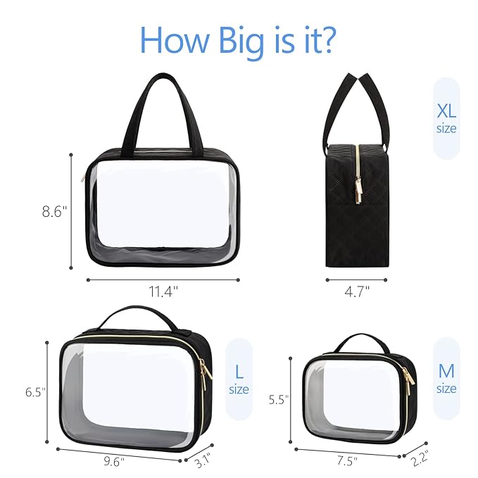 PACKISM Clear Toiletry Bags - 3 Pack Makeup Bags with Handle, Large Opening, Waterproof Cosmetic Bags Fit Carry-on Travel Essentials, Black