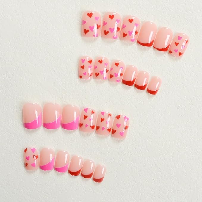 24Pcs Colourful Heart Press on Nails Short Square Valentines Fake Nails Heart Full Cover Design Acrylic Nails French Tip Press ons Cute Coffin False Nails Valentines Artificial Nails for Women