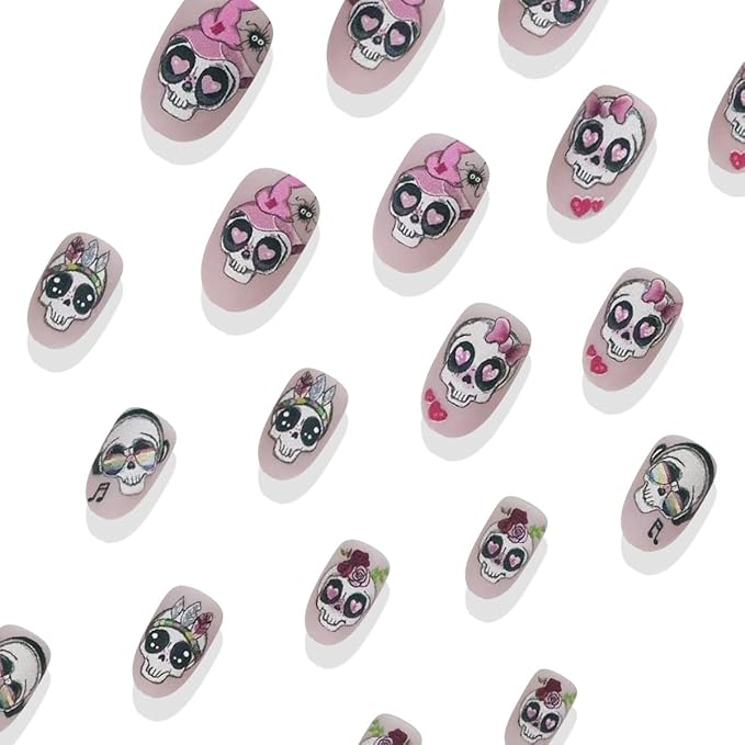 Pink Halloween Press on Nails Medium Almond Fake Nails Gothic Halloween False Nails with Rose Bow Design Cute Skeleton Stick on Nail Goth Acrylic Nail for Women DIY Manicure Decorations 24Pcs