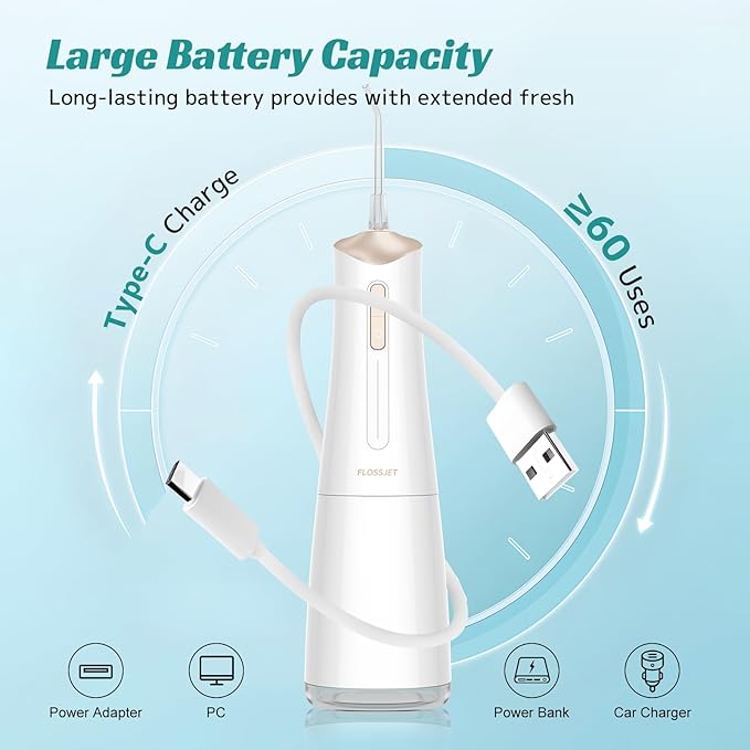 Water Dental Flosser Cordless Oral Irrigator with 300ml 5 Tips 4 Modes USBCharger Portable Travle Irrigation Cleaner IPX7 Electric Irrigador Dental for Teeth Cleaning (White)