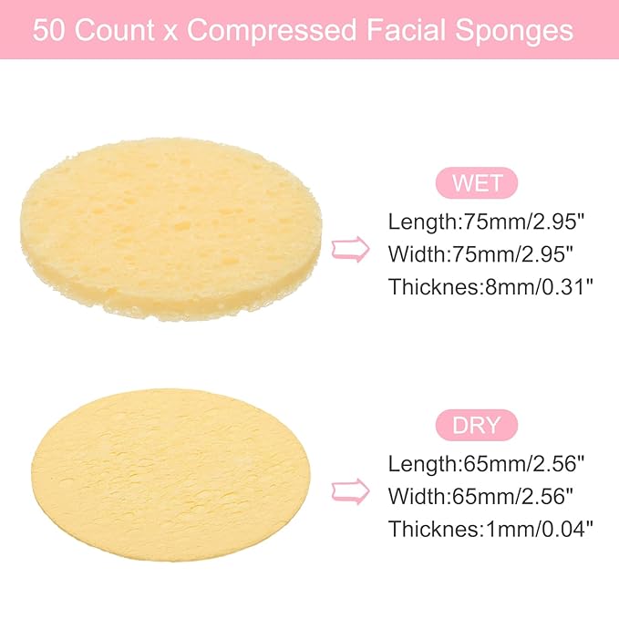uxcell 50 Count Compressed Facial Sponges Round Face Cleansing Sponges Pads for Daily Skincare Routines at Home, Kitchen(Skin Tone)