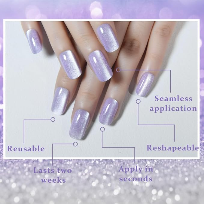 Orchid Purple Cat Eye Press on Nails Medium Square, Medium Square Press Glue on Nails Chrome for Women Gift, Orchid Holographic Glitter Glossy Reusable Gel Acrylic Fake Nail with Designs Cateye Effect