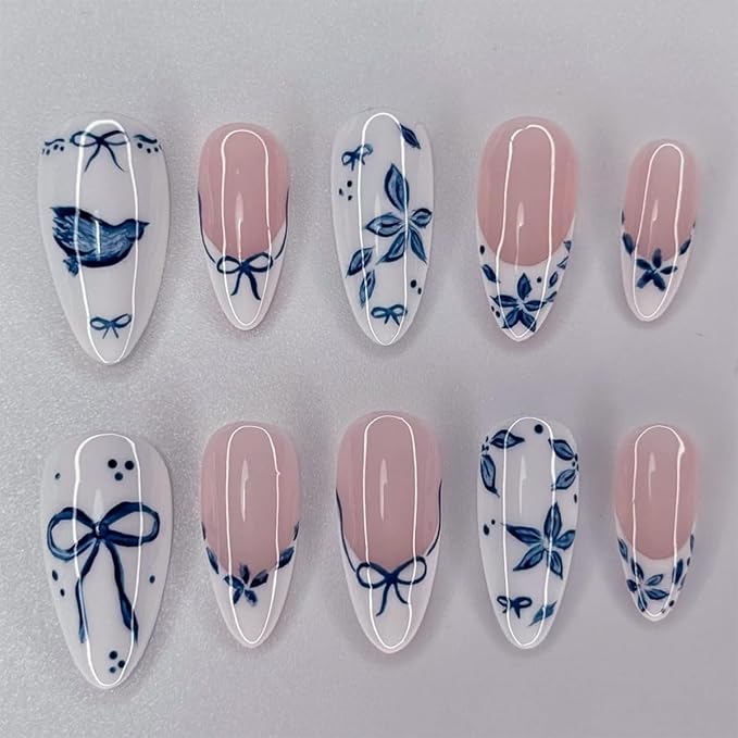 French Tips Press On Nails Short Almond, Flower Bird Bow Sticke On Nail, Floral Designer Reusable Acrylic Nails Press Ons, Fake Nails With Glue On Nail, Daily Wea False Nail For Women