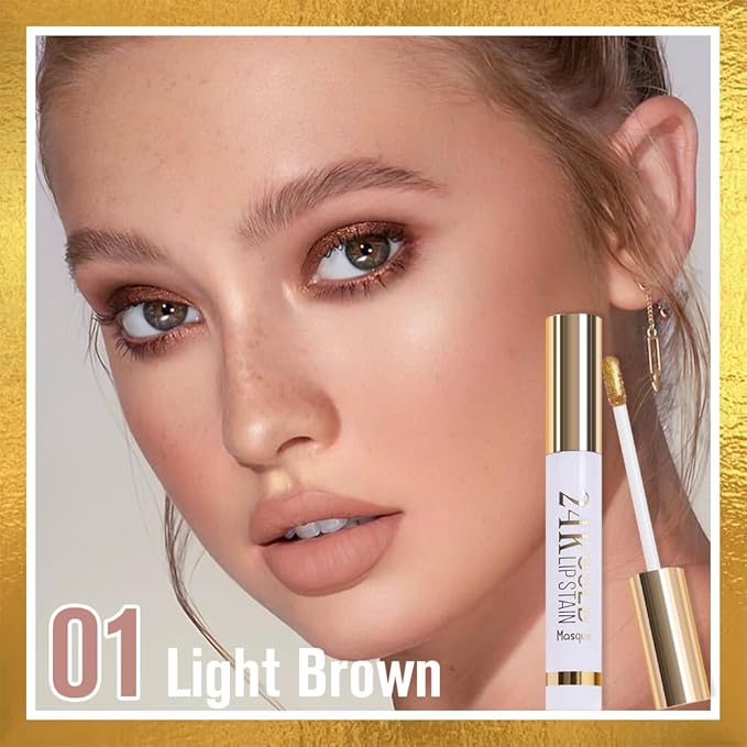 All Day Lip Stain Peel Off Gold Liquid Lip Gloss Tattoo, Light Brown Matte Finish Peel Off Lip Stain Masque, Long Lasting Waterproof Lip Tint, Transfer-proof for All Skin Types 01#