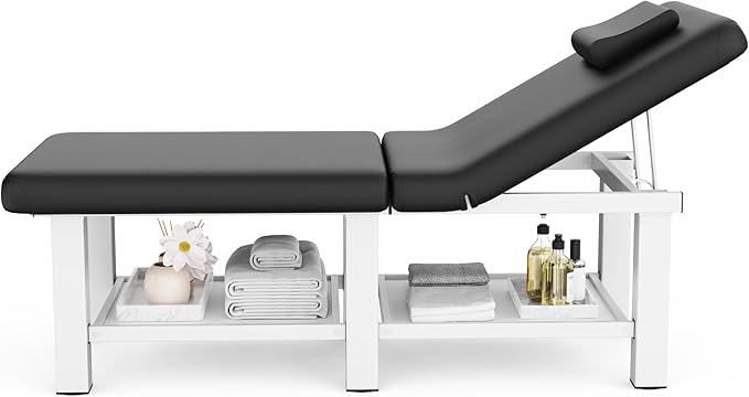 Folding Stationary Massage Table with Backrest and Storage Space, 6 Square Legs Metal Frame PU Leather, 30.5'' Wide × 75'' Long for Treatment Table Physical Therapy Table Spa Facial Bed, Black