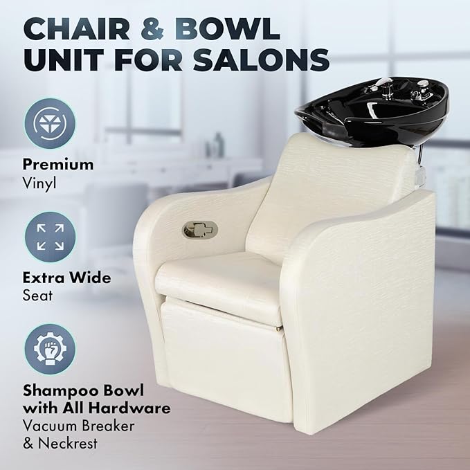 Buy-Rite Lexus Backwash Unit – White Zebra Vinyl Chair, Tilting Black Porcelain Bowl, Kick-Out Legrest, Extra Wide Seat, European Faucet, Salon Shampoo Station – TS-8018B