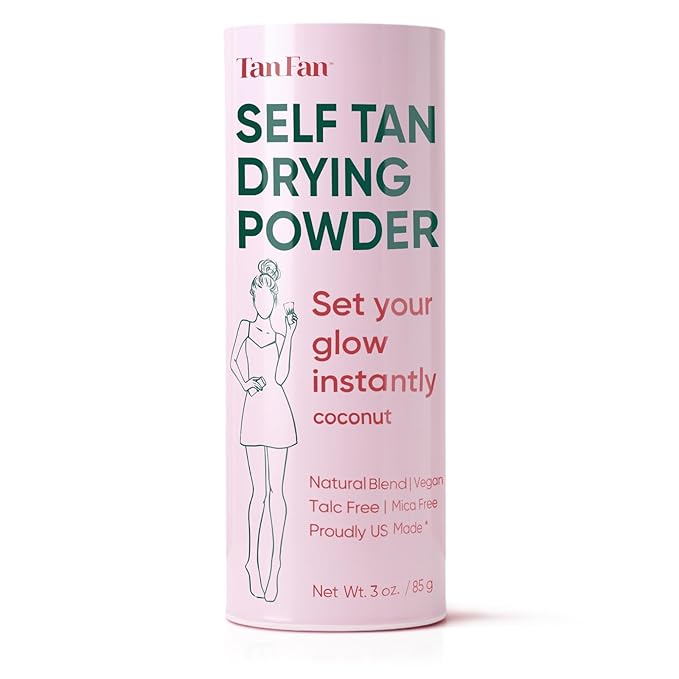 Tan Fan Self Tan Drying Powder - Stops Sticky Feeling After Sunless Tanner - 100% Vegan Talc-Free Translucent Loose Setting Powder In Shaker Bottle For Smooth Silky Skin - USA Made (Coconut 3oz)