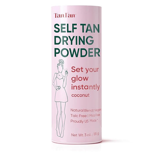 Tan Fan Self Tan Drying Powder - Stops Sticky Feeling After Sunless Tanner - 100% Vegan Talc-Free Translucent Loose Setting Powder In Shaker Bottle For Smooth Silky Skin - USA Made (Coconut 3oz)