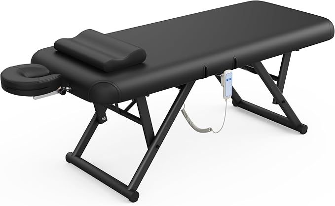 pouseayar Adjustable Massage Table with Face Pillow & Headrest, Sturdy and Solid, Silent and Easy to Adjust - Adjustable Backrest, Electric Leg Lifting, Black