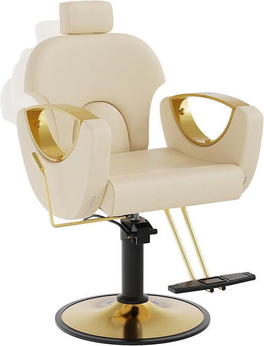 Barber Chair, Reclining Hair Salon Chair, 360 Degrees Swivel Styling Chair, Height Adjustable Hydraulic Shampoo Chairs, Spa Equipment (Off-White)