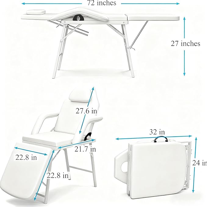 Portable Tattoo Chair, Adjustable Massage Facial Bed with Removable Headrest & Armrest, Foldable Spa Chair with Carry Bag, 73 Inch Esthetician Bed for Salon Beauty Barber Spa Tattoo (White)
