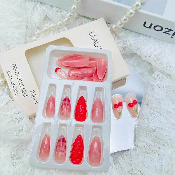 24Pcs Pink Cherry Press on Nails Medium Almond Fake Nails Summer Fruit False Nails 3D Grapefruit Strawberry Water Drop Designs Pink Cute Nails Full Cover Acrylic Stick on Nails for Women DIY Manicure
