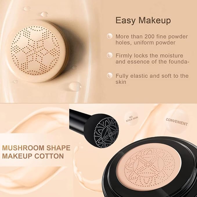 Mushroom Head Air Cushion BB Cream, Concealer Lasting Nude Makeup Moisturizing Pigment CC Liquid Foundation, Even Skin Tone Makeup Base Primer-Natural 2Pack