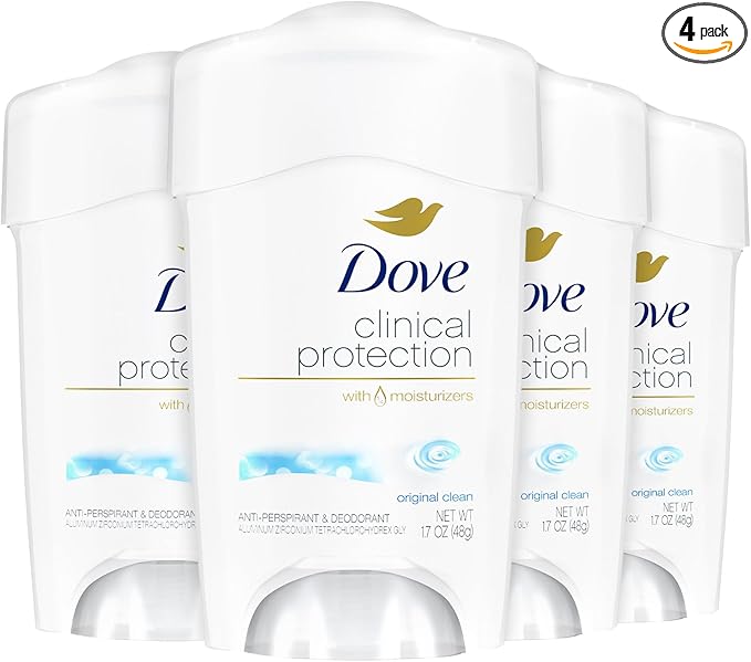 Dove Deodorant for Women, Clinical Protection Antiperspirant, Original Clean 4-Pack – Prescription Strength Wetness Protection with ¼ Moisturizers, 1.7 Oz Ea