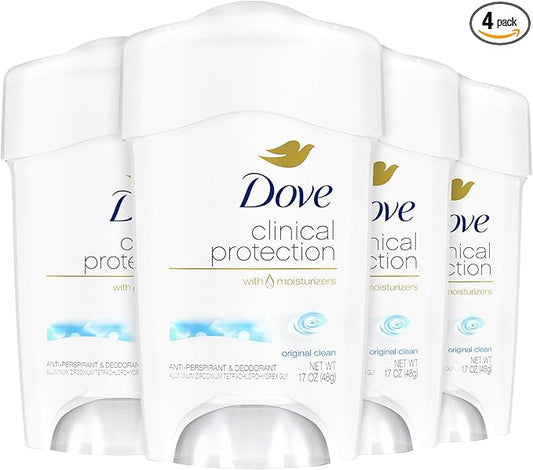 Dove Deodorant for Women, Clinical Protection Antiperspirant, Original Clean 4-Pack – Prescription Strength Wetness Protection with ¼ Moisturizers, 1.7 Oz Ea