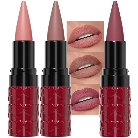 evpct 3Pcs Warm Pink Real Nude Mauve Gradient Matte Lipstick Lip Liner Combo Set for Older Women Long Lasting Waterproof, Lips Stick Crayon Cream Lip Liner Lipstick Combo Makeup, Flawless Ombre Effect