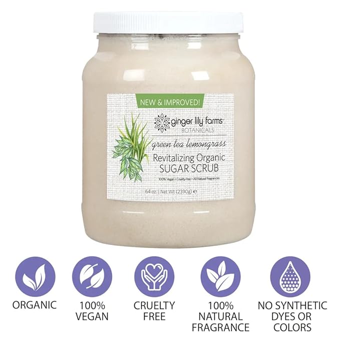Ginger Lily Farms Botanicals Revitalizing Organic Sugar Scrub, All-Natural Skin Exfoliating Sugar Crystals, 100% Vegan & Cruelty-Free, Green Tea Lemongrass, 64 oz.