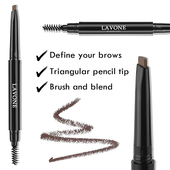 LAVONE Eyebrow Stamp Stencil Kit for Eyebrows, Brow Stamp Trio Kit with Waterproof Eyebrow Pencil, Eyebrow Pomade, 20 Eyebrow Stencils, Dual-ended Eyebrow Brush and Sponge Applicator - Ebony