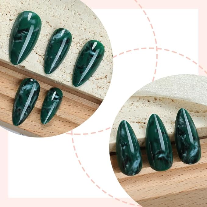 Green Press on Nails Almond Medium Fake Nails Summer Dark Green Marble Acrylic False Nails Press ons Full Cover Reusable Glue on Artificial Nails for Women 24Pcs