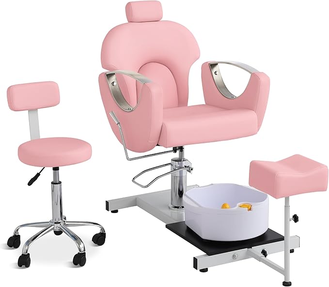 Pedicure Station No Plumbing, Hydraulic Pedicure Chair for Nail Tech, Height Adjustable Reclining Pedicure Station Unit, 360 Degree Swivel Foot Spa Chair with Massage Foot Bath (Rose Color)