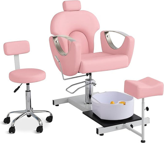 Pedicure Station No Plumbing, Hydraulic Pedicure Chair for Nail Tech, Height Adjustable Reclining Pedicure Station Unit, 360 Degree Swivel Foot Spa Chair with Massage Foot Bath (Rose Color)