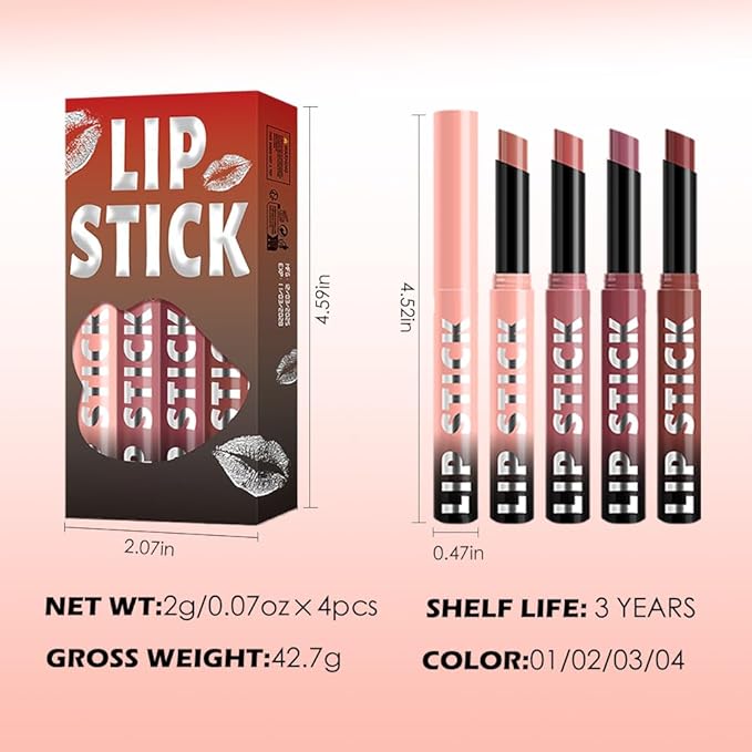 4Pcs Matte Lipstick Crayon Set for Women, Neutral Lip Stick Pencil 24 Hour Long Lasting Waterproof, Non-Drying Hydrating Formula Lip Gloss Makeup, Vegan & Cruelty-Free, 01