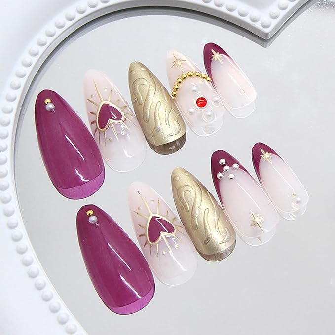Press on Nails Long Almond Fake Nails Heart Star Gold Design French Tip False Nail Stick on Nails with Pearl Rhinestones Glossy Acrylic Reusable Nail Daily Wear DIY Nail Decoration Supplies for Women