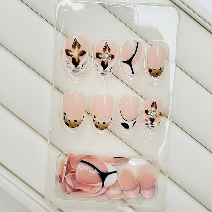 24Pcs Leopard Print French Tip Press on Nails Short Almond Flower Fake Nails with Silver Rhinestones Design Glitter False Nails Full Cover Artificial Glue on Nails Nude Stick on Nails for Women Kit
