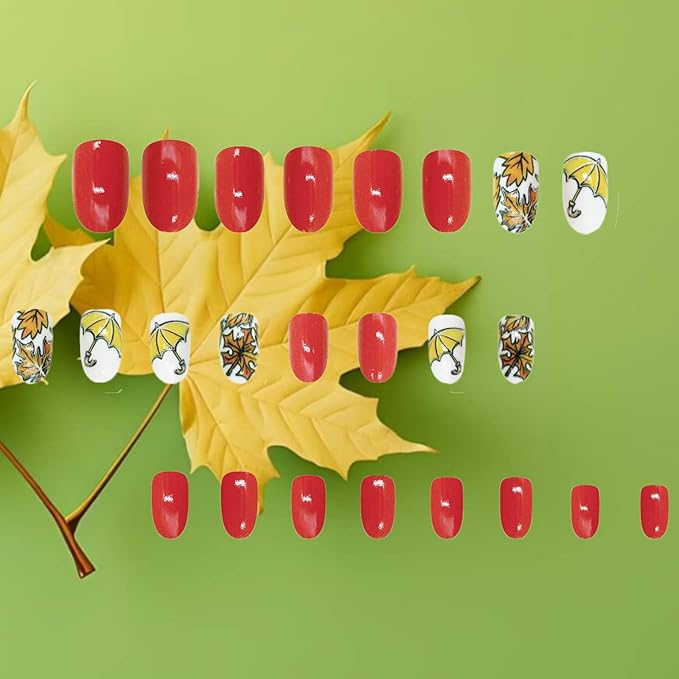 24Pcs Maple Leaf Press on Nails Fall Leaves Stick on Fingernails Glossy Yellow Umbrella Acrylic Fake Nail Thanksgiving Medium Almond False Nails Autumn Gel Glue on Nail for Coquette Women Girls