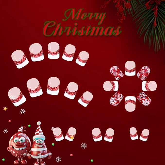 2 Packs 48Pcs Christmas Press on Nails Short Square Fake Nails Red Green Glitter Snowflake Nails French Ombre False Nails Glue on Nails Winter Xmas Stick on Nails for Women Girls Manicure