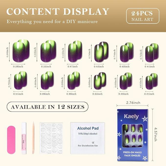 Cat Eye Purple Reflective Green Press On Nails Medium Long Length Square, Designer Reusable Acrylic Fake Nail, Glossy Gel Nails Wedding Party, Stick On Glue On Nail, Nails Press Ons for Women