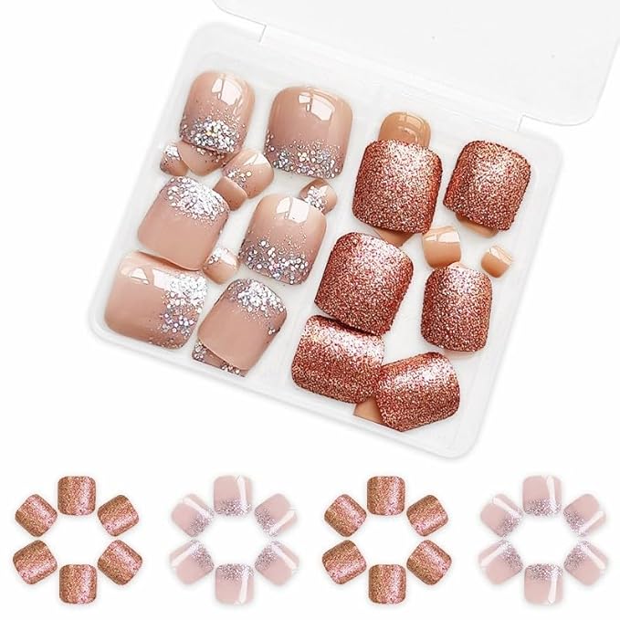 2 Packs 48Pcs Glitter Press on Toenails Short Square Fake Toe Nails Nude Glitter Design Acrylic False Toe Nails Full Cover, Glue Stick On Nails for Women's Manicure & Nail Art